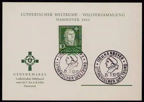 B17978 Gedenkkarte Gedenkblatt BRD 149 FDC Lutherischer Weltbund Hannover 1952