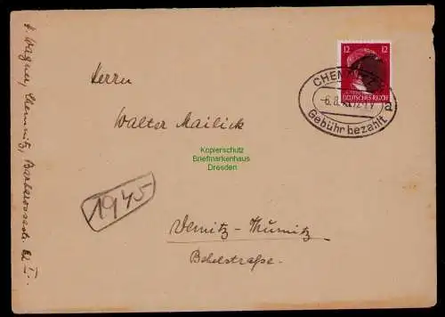 B17939 Brief SBZ Sächsische Schwärzung Chemnitz 4 6.8.45 1945 n. Demitz-Thumitz