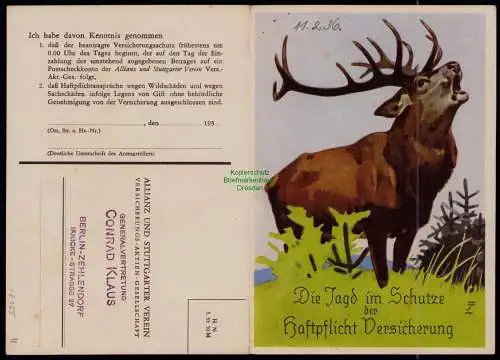 B18155 Klappkarte 1934 Die Jagd im Schutze der Haftpflicht Versicherung Allianz