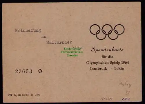 B18170 DDR nummerierte Spendenkarte f Olympischen Spiele Innsbruck Tokio 1964