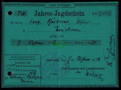 B18123 Jahres Jagdschein Land Thüringen 1929 Landkreis Stadtroda