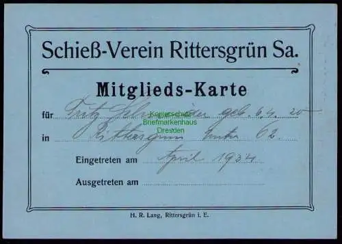 B18141 Sachsen Mitglieds-Karte Schieß Verein Rittersgrün Sa. 1934 1935