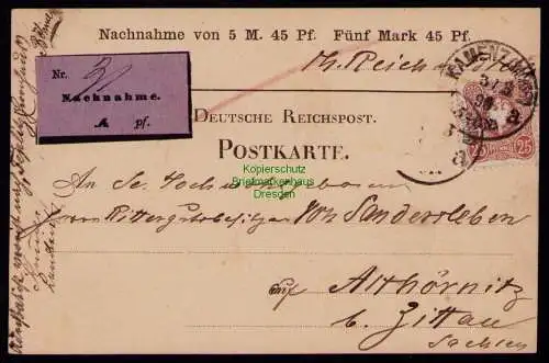 B18139 DR Deutsches Reich 43 1890 Postkarte Nachnahme Kamenz Jagdschutzverein