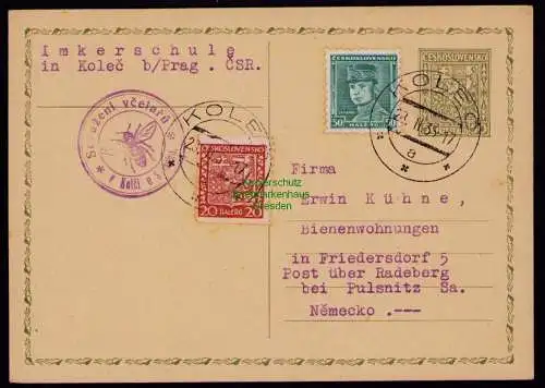 B18144 Postkarte Kolec bei Prag Imkerschule Biene n. Friedersdorf Radeberg 1935