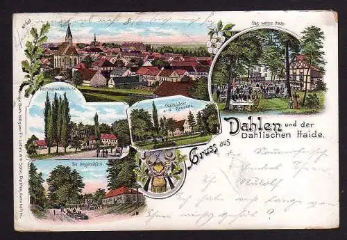 104312 Ansichtskarte Dahlen i. S. Litho 1898 Bahnhof Kirche Rathaus Schloss