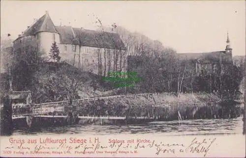 171333 AK Schloss mit Kirche 1906 Gruss aus Stiege i. H. Verlag v. Horreyer