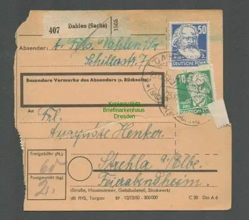 B6565 DDR Paketkarte Dahlen Sachsen nach Strehla Elbe 1952