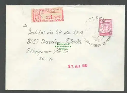 B5227 DDR R-Brief Wolfen 3 an Institut des ZK der SED Dresden Pillnitz 1980