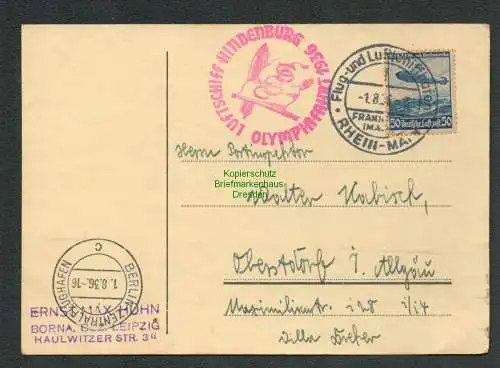 B6639 Postkarte DR 1936 Zeppelin Luftschiff Hindenburg Olympiafahrt Rhein - Main