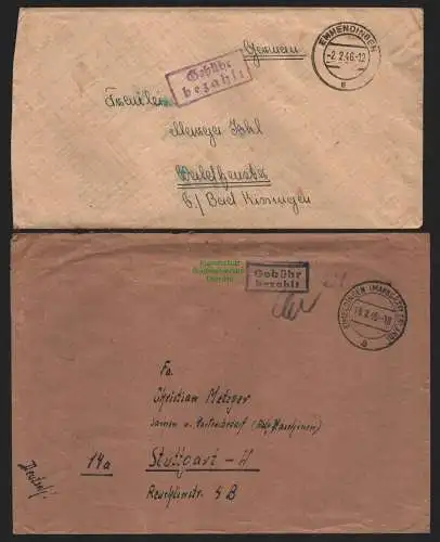 B10592 2x Brief BAZ Gebühr bezahlt 1946 Eimeldingen nach Stuttgart Emmendingen