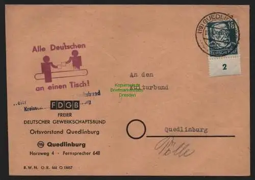 B11029 Brief DDR Propaganda Losung Quedlinburg 1951 Alle Deutschen a einen Tisch