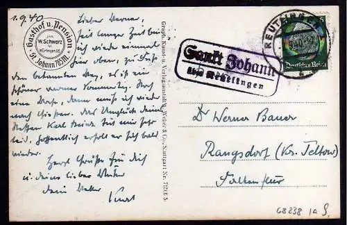 68238 AK Sankt Johann Reutlingen Gestüt Pferde Gasthof Landpoststempel