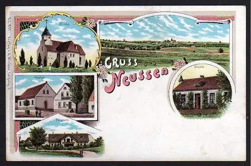 64102 AK Litho Neussen Belgern Neußen Gasthof Schule Försterei Kirche