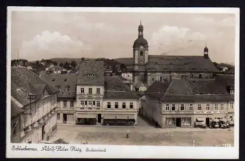 64146 AK Schluckenau Adolf Hitler Platz Conditorei Wein Cafe Mildner um 1940