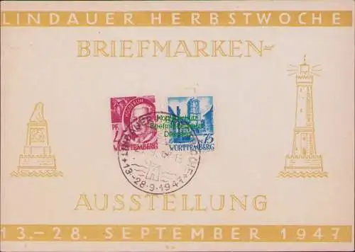 171511 Gedenkblatt LINDAUER HERBSTWOCHE 1947 BRIEFMARKEN-AUSSTELLUNG HOLDERLIN