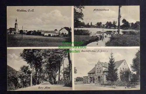 135378 AK Waldau Oberlausitz um 1915 Mittelmühlteich Kirche Geschäftshaus Bermig