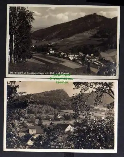 128015 2 AK Hermsdorf Riesengebirge Kynast 1938 Bäckerei Zinecker Burg Kynast