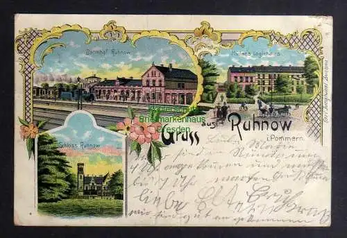 127813 AK Ruhnow Pommern Bahnhof Litho Logirhas Schloss 1901