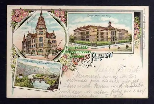 124320 AK Plauen 1898 Litho Rathaus Lehrer Seminar Eingang z. Plauenschen Grunde