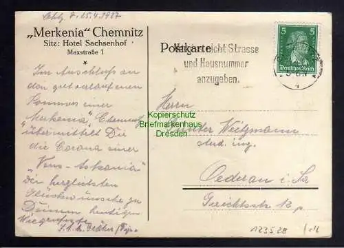 123528 AK Chemnitz 1927 Merkenia Studentika Sitz Hotel Sachsenhof Maxstr. 1