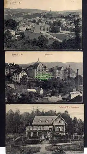 123613 3 AK Sebnitz Panorama 1912 Stadtschule 1917 Finkenbaude 1912