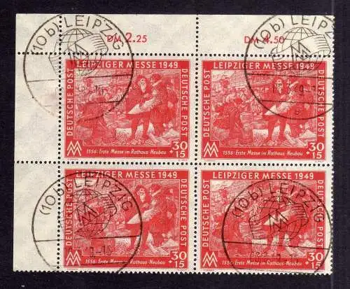 1236 SBZ 1949 Leipziger Frühjahrsmesse 230 Eckrand Viererblock Sonderstempel Ers