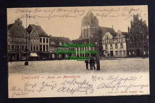 121545 AK Greifswald Markt Marienkirche 1902 Geschäft Lampen Porzellan Glaswaren