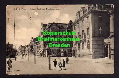 116933 AK Stolp i. Pommern 1917 Stolper Bank und Hospitalstrasse Feldpost Fliege