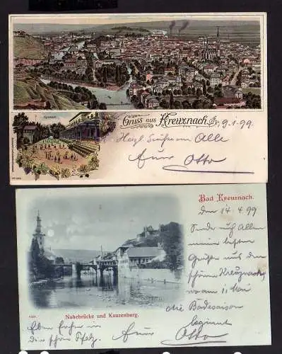 114018 2 AK Bad Kreuznach 1899 Nahebrücke Kauzenburg Litho Panorama Kurhaus