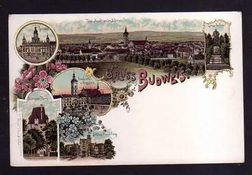 113590 AK Budweis um 1900 Litho Rathaus Stadtmauer Turm Schloss Frauenberg Domki