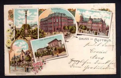 112851 AK Cottbus Litho 1900 Hauptpost Gymnasium Kreishaus Realschule