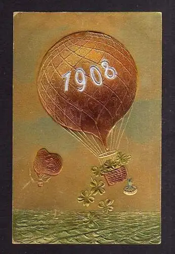 113210 AK Neujahr 1908 Ballon Jahreszahl Glücksklee vierblättrige Kleeblätter ge