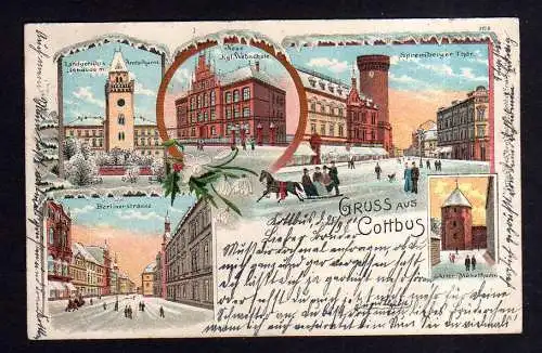 109895 AK Cottbus 1901 Winterlitho Landgericht Amtsturm Berlinerstrasse Webschul