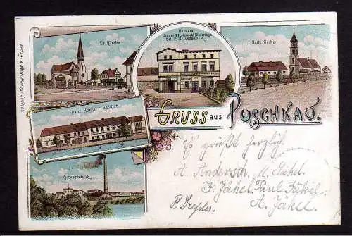 108358 AK Puschkau Kr. Schweidnitz Litho 1902 Zuckerfabrik Gasthof Kirche Bäcker