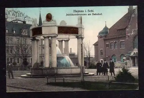 108451 AK Haynau Schlesien 1913 Jubiläumsbrunnen am Bahnhof Haynauer Raubtierfal