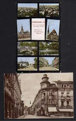 104967 2 AK Crimmitschau Untere Silberstraße Geschäft 1928 Kirche Sahnparkbrücke