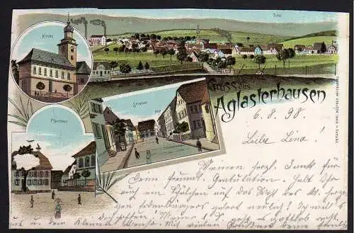 63347 AK Aglasterhausen Litho 1898  Kirche Pfarrhaus Post Strasse Total