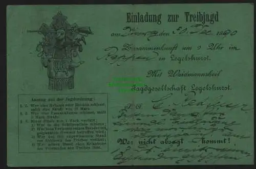 148596 AK Kehl 1890 Vorläufer Einladung zur Treibjagd Legelhurst Willstätt