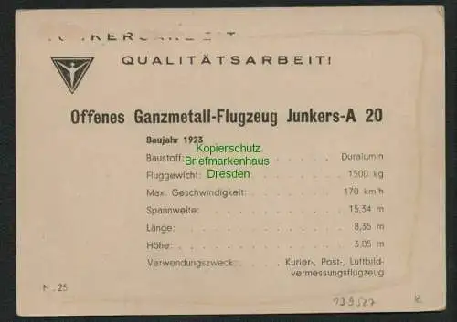 139527 Karte Junkers-A 20 Offenes Ganzmetall-Flugzeug Baujahr 1923