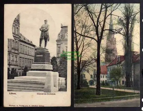 132587 2 AK Löbau Bismarck Denkmal 1910 Bäckerei Kirche Promenaden Strasse