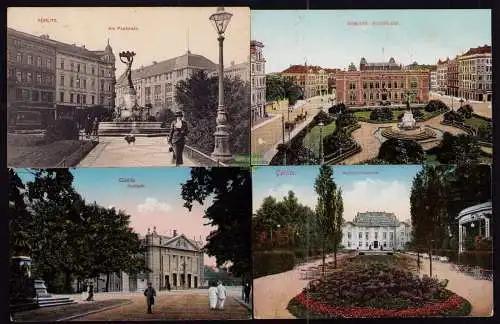 165839 4 AK Görlitz Postplatz 1908 Brunnen 1919 Stadthalle 1919