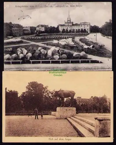 165904 2 Ansichtskarte Kriegsbilder im Osten Tilsit 1915 Fuhrpark a. dem Anger Elch Denkmal