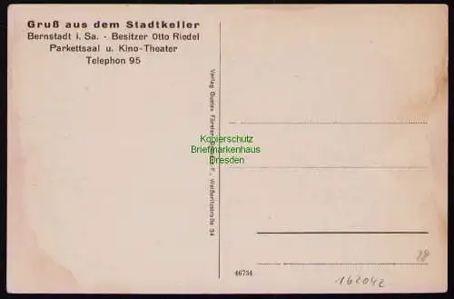 162042 AK Bernstadt i. Sa. Gruss aus dem Stadtkeller Saal Kino um 1920