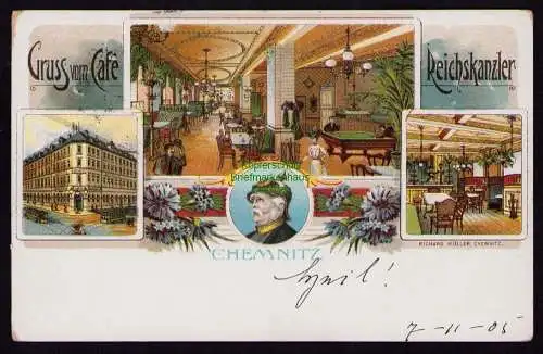 162026 AK Chemnitz Litho Cafe Reichskanzler 1905  - Stempel Schloss Rosenau