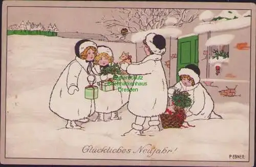 158680 Ansichtskarte Künstlerkarte Glückliches Neujahr Kinder Winter P. Ebner M. M. Vienne