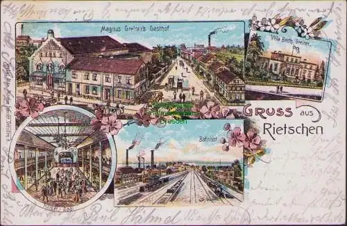 155724 Ansichtskarte Rietschen Litho 1908 Bahnhof Gasthof Magnus Greiner Villa Kaiser Saal