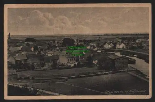 150488 Ansichtskarte Usch Ujscie Wartheland Panorama 2 1942 rechts Kanal Hafen ? Lastkähne