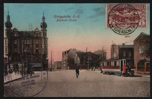 148825 Ansichtskarte Königshütte Chorzow Beuthener Straße 1922 Straßenbahn