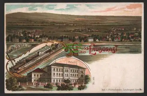 149012 Ansichtskarte Dresden Laubegast Litho Schiffswerft Schule um 1900