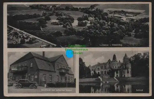 148884 Ansichtskarte Lützow Mecklenburg 1944 Gasthaus zur scharfen Kurve Schoss Luftbild